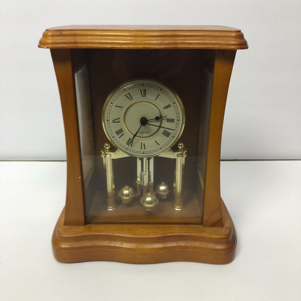 Vintage Westminster Chime Mantel Clock Brown Light Wood Roman Numerals